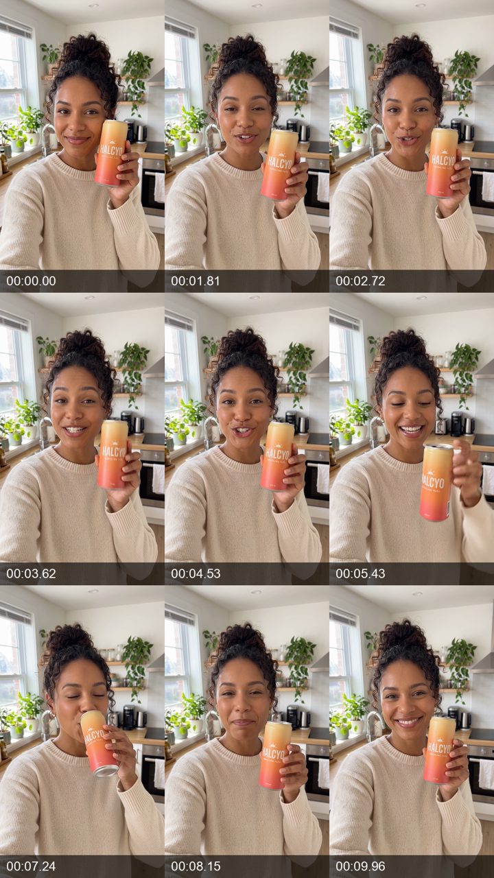 Nine timestamped frames of the presenter holding the HALCYO can, from 0 to 10 seconds