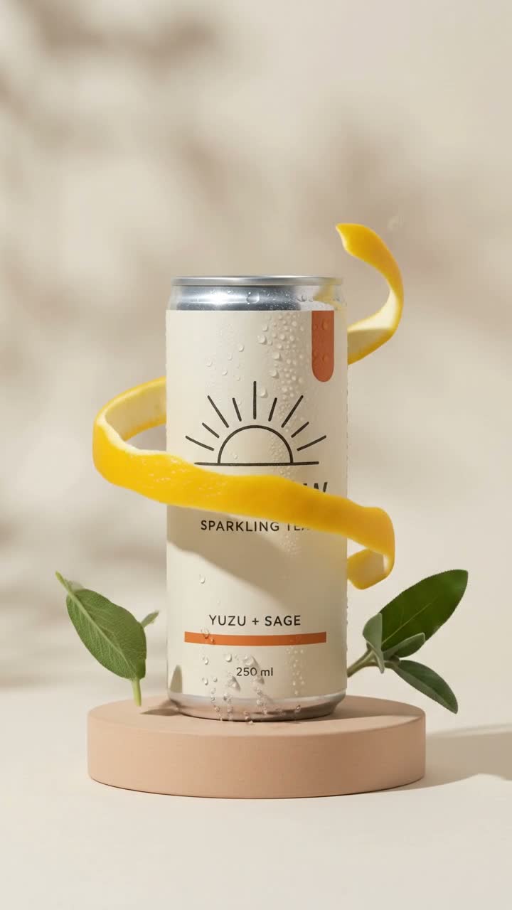 MORROW sparkling tea can wrapped in a yuzu peel ribbon on a cream studio set