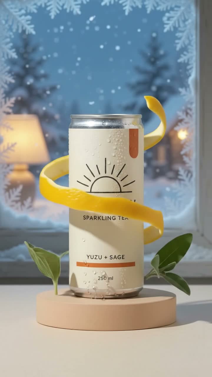 The same MORROW can and peel in front of a frosted window with falling snow
