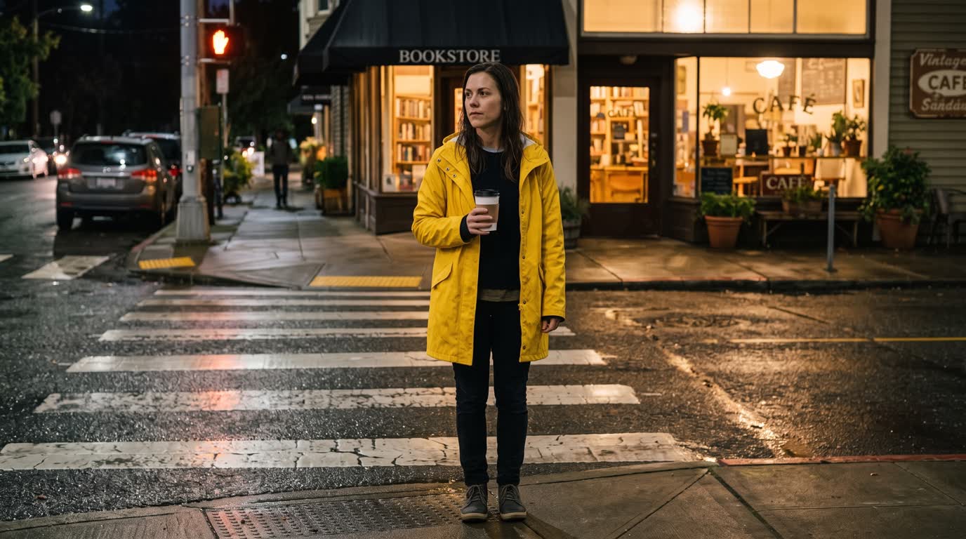 A street scene edited from day to night