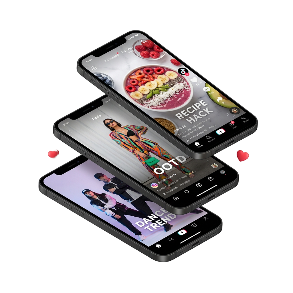 Short-form video mockups showing TikTok and Reels