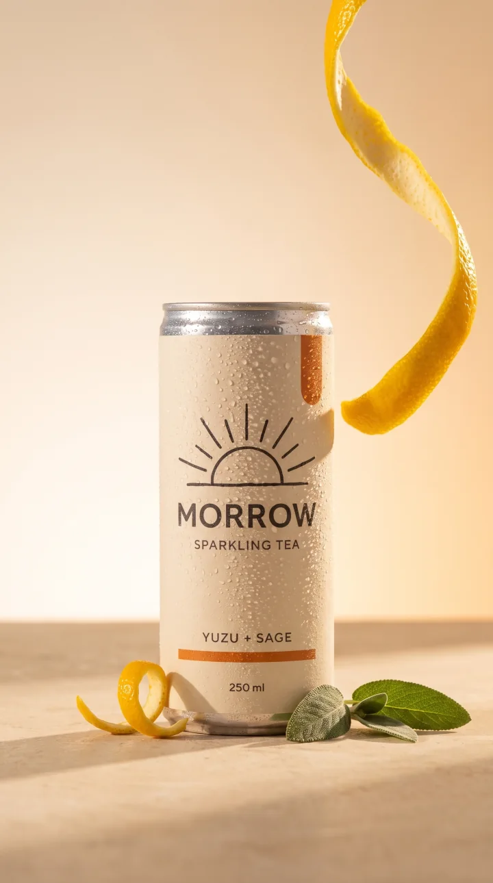 Clean opening frame showing a chilled MORROW can and suspended yuzu peel